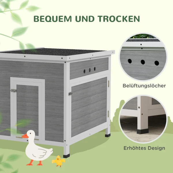 Eendenhok, eendenhuis met zijdeur, ventilatiegaten, pluimveestal kippenhuis gemaakt van sparrenhout, ganzenstal, kippenhok met waterdicht asfaltdak, 63 x 82 x 76 cm, lichtgrijs 6