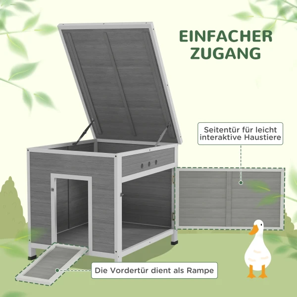 Eendenhok, eendenhuis met zijdeur, ventilatiegaten, pluimveestal kippenhuis gemaakt van sparrenhout, ganzenstal, kippenhok met waterdicht asfaltdak, 63 x 82 x 76 cm, lichtgrijs 7