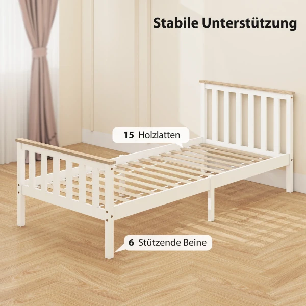 Eenpersoonsbedframe, houten bedframe, onderste opbergruimte, natuurhout, wit 6