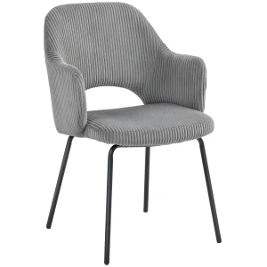 Eetkamerstoel, corduroy bekleding, schaalvorm, metalen poten, voetkussen, grijs 1