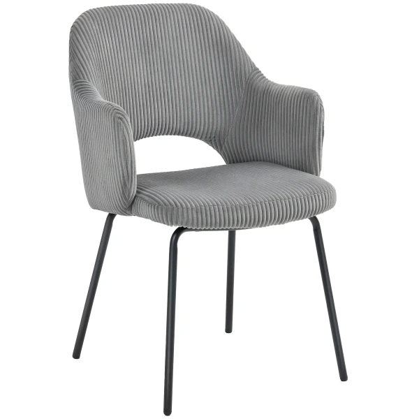 Eetkamerstoel, corduroy bekleding, schaalvorm, metalen poten, voetkussen, grijs 1