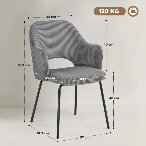 Eetkamerstoel, corduroy bekleding, schaalvorm, metalen poten, voetkussen, grijs 4