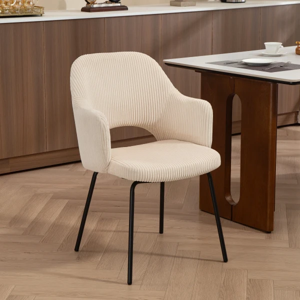 Eetkamerstoel, corduroy bekleding, schaalvorm, metalen poten, voetkussens, beige 2
