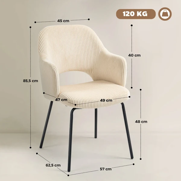 Eetkamerstoel, corduroy bekleding, schaalvorm, metalen poten, voetkussens, beige 4