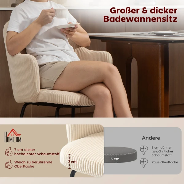Eetkamerstoel, corduroy bekleding, schaalvorm, metalen poten, voetkussens, beige 5