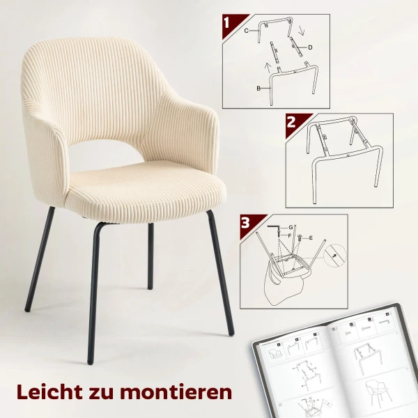 Eetkamerstoel, corduroy bekleding, schaalvorm, metalen poten, voetkussens, beige 8