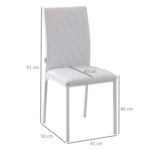 Eetkamerstoelen in set van 4, keukenstoel met rugleuning, kunstleer, woonkamerstoel met voetkussen, stoelen, gestoffeerde stoel met metalen poten voor eettafel, wit 4