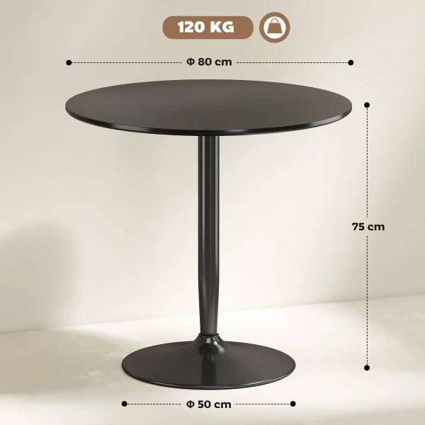 Eettafel voor 2 personen, ronde tafelblad Ø80 cm, mdf en staal, antislip, zwart, 75h cm 4