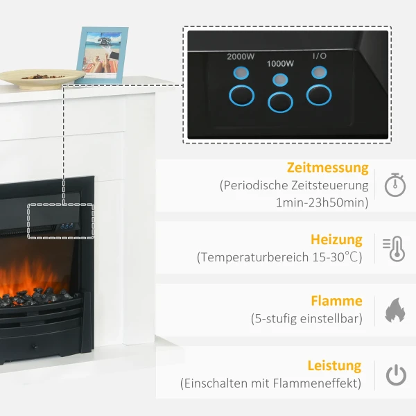 Elektrische haard, 2 vermogensniveaus, afstandsbediening, timer, realistisch vlam effect, zwart+wit 6