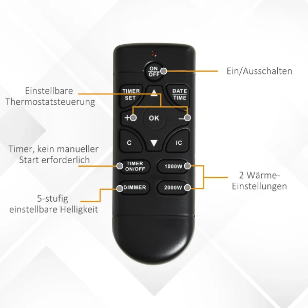 Elektrische haard, 2 vermogensniveaus, afstandsbediening, timer, realistisch vlam effect, zwart+wit 7