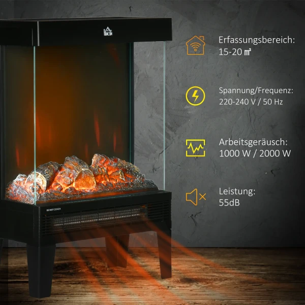 Elektrische haard, 2000 w, vrijstaande haard met verwarmingled 3d vlam effect, 4 helderheidsniveaus, elektrische haard met thermostaat, oververhittingsbeveiliging, zwart 7