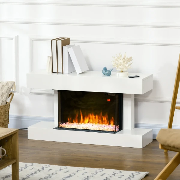 Elektrische haard, wandhaard met verwarming 2000 w, led 3d vlam effect, kristallen, in 11 kleuren met 3 helderheidsniveaus, elektrische haard met afstandsbediening, timer, wandmontage, wit 2