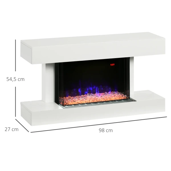 Elektrische haard, wandhaard met verwarming 2000 w, led 3d vlam effect, kristallen, in 11 kleuren met 3 helderheidsniveaus, elektrische haard met afstandsbediening, timer, wandmontage, wit 4