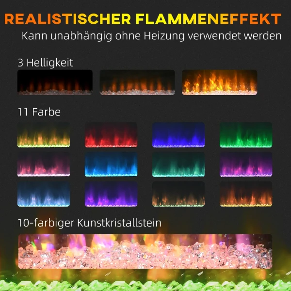 Elektrische haard, wandhaard met verwarming 2000 w, led 3d vlam effect, kristallen, in 11 kleuren met 3 helderheidsniveaus, elektrische haard met afstandsbediening, timer, wandmontage, wit 5