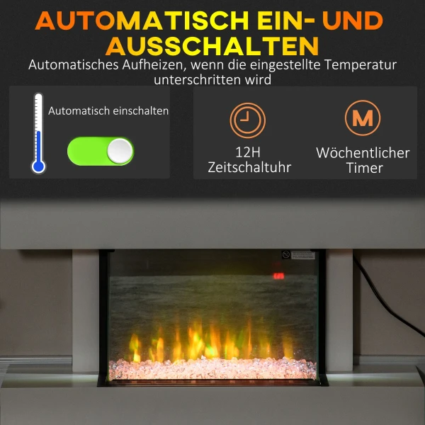 Elektrische haard, wandhaard met verwarming 2000 w, led 3d vlam effect, kristallen, in 11 kleuren met 3 helderheidsniveaus, elektrische haard met afstandsbediening, timer, wandmontage, wit 7