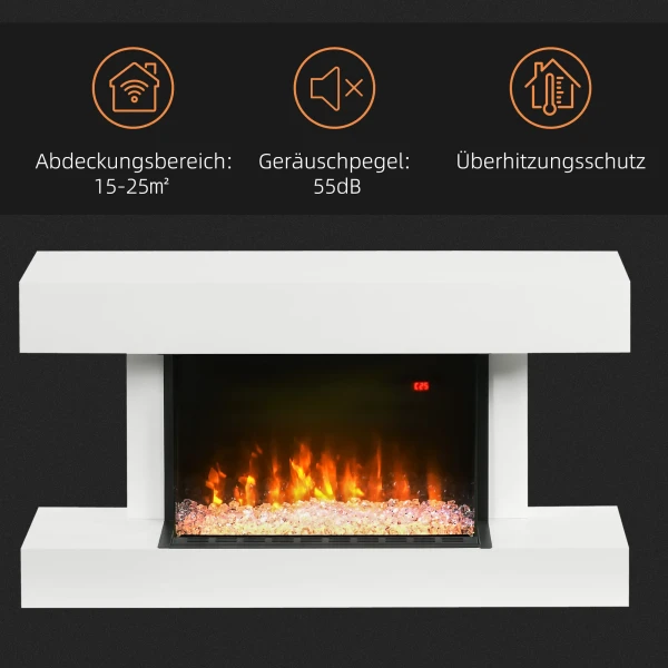 Elektrische haard, wandhaard met verwarming 2000 w, led 3d vlam effect, kristallen, in 11 kleuren met 3 helderheidsniveaus, elektrische haard met afstandsbediening, timer, wandmontage, wit 8