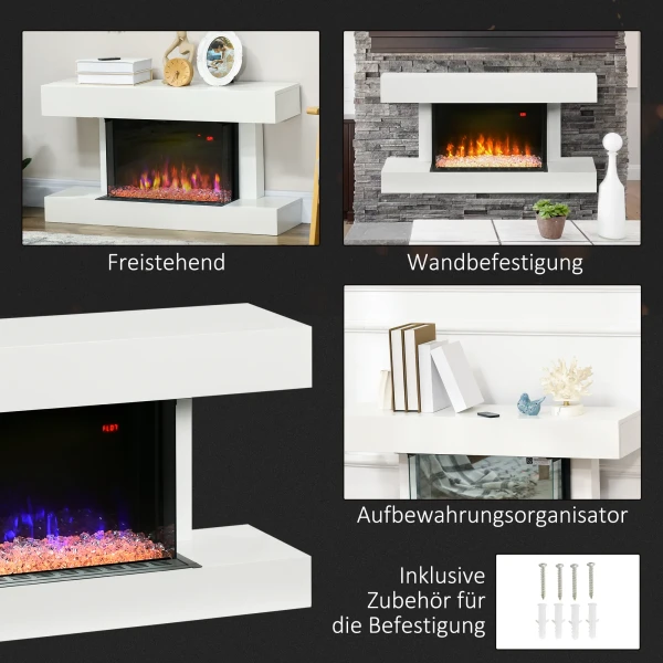 Elektrische haard, wandhaard met verwarming 2000 w, led 3d vlam effect, kristallen, in 11 kleuren met 3 helderheidsniveaus, elektrische haard met afstandsbediening, timer, wandmontage, wit 9