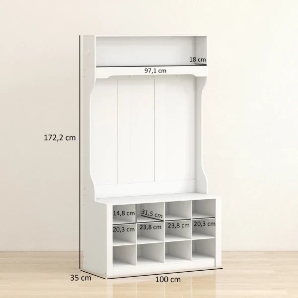 Garderobe met plank, bank, haken, schoenenvakken, spaanplaat, mdf, wit 4