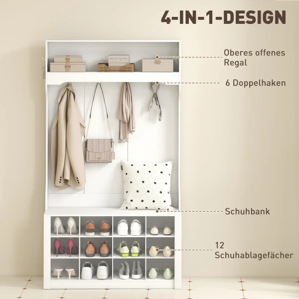 Garderobe met plank, bank, haken, schoenenvakken, spaanplaat, mdf, wit 5