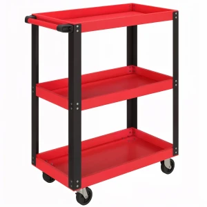Gereedschapswagen met 3 niveaus, metalen frame, 120 kg draagvermogen, wielen, handvat, rood 1