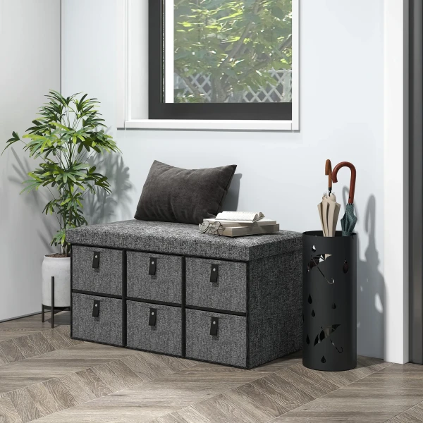 Gestoffeerde schoenenbank, 6 schoenenvakken, mdf frame, linnenlook, grijs 2