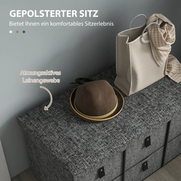 Gestoffeerde schoenenbank, 6 schoenenvakken, mdf frame, linnenlook, grijs 5