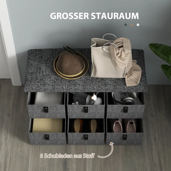 Gestoffeerde schoenenbank, 6 schoenenvakken, mdf frame, linnenlook, grijs 6