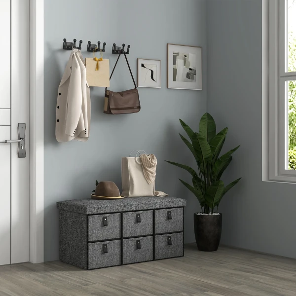 Gestoffeerde schoenenbank, 6 schoenenvakken, mdf frame, linnenlook, grijs 8