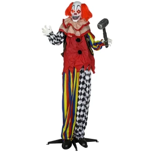 Griezel clown, halloween animatronics, 173 cm, lichtgevende ogen, geluidsactivering, beweegbare armen en hoofd, op batterijen, kunststof, metaal, rood 1