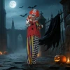 Griezel clown, halloween animatronics, 173 cm, lichtgevende ogen, geluidsactivering, beweegbare armen en hoofd, op batterijen, kunststof, metaal, rood 10