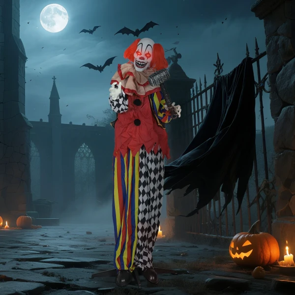 Griezel clown, halloween animatronics, 173 cm, lichtgevende ogen, geluidsactivering, beweegbare armen en hoofd, op batterijen, kunststof, metaal, rood 10
