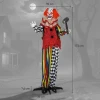 Griezel clown, halloween animatronics, 173 cm, lichtgevende ogen, geluidsactivering, beweegbare armen en hoofd, op batterijen, kunststof, metaal, rood 4