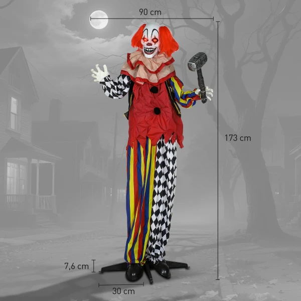 Griezel clown, halloween animatronics, 173 cm, lichtgevende ogen, geluidsactivering, beweegbare armen en hoofd, op batterijen, kunststof, metaal, rood 4