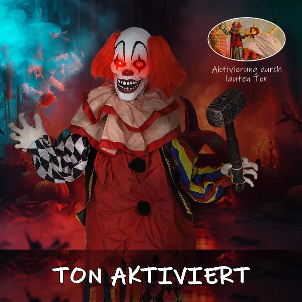 Griezel clown, halloween animatronics, 173 cm, lichtgevende ogen, geluidsactivering, beweegbare armen en hoofd, op batterijen, kunststof, metaal, rood 6