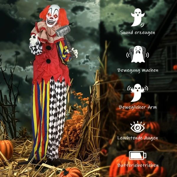 Griezel clown, halloween animatronics, 173 cm, lichtgevende ogen, geluidsactivering, beweegbare armen en hoofd, op batterijen, kunststof, metaal, rood 7