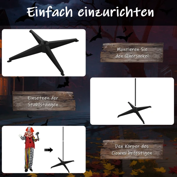 Griezel clown, halloween animatronics, 173 cm, lichtgevende ogen, geluidsactivering, beweegbare armen en hoofd, op batterijen, kunststof, metaal, rood 8