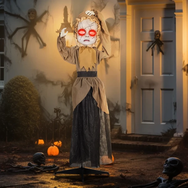 Griezel pop halloween decoratie, beweegbaar hoofd, rode ogen, batterij aangedreven 2
