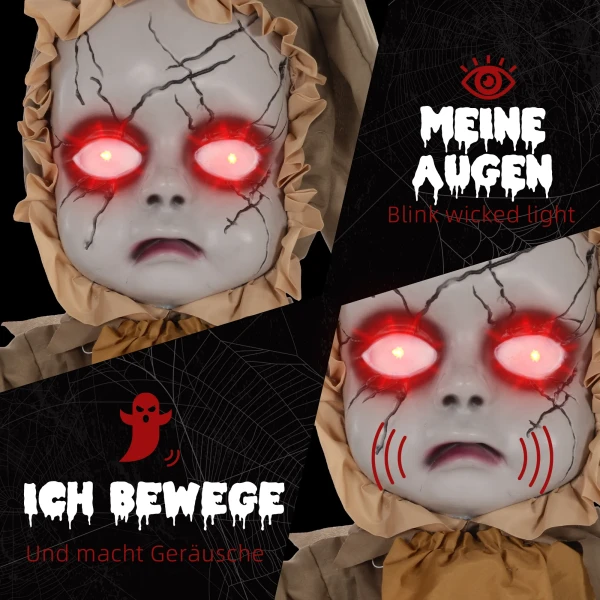 Griezel pop halloween decoratie, beweegbaar hoofd, rode ogen, batterij aangedreven 6