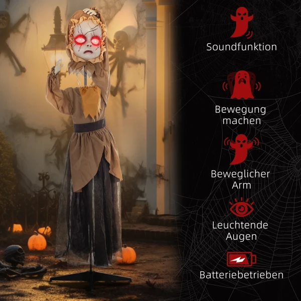 Griezel pop halloween decoratie, beweegbaar hoofd, rode ogen, batterij aangedreven 8