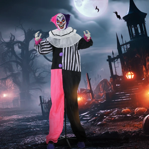 Griezelige clown halloween decoratie, beweegbaar, lachfunctie, roze+paars 2