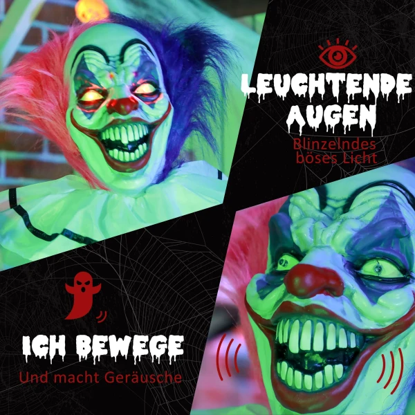Griezelige clown halloween decoratie, beweegbaar, lachfunctie, roze+paars 6