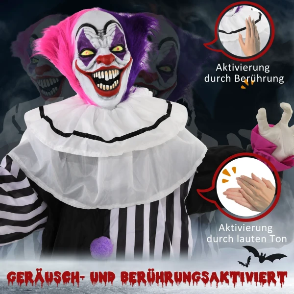 Griezelige clown halloween decoratie, beweegbaar, lachfunctie, roze+paars 7