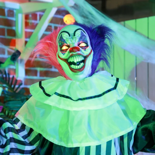 Griezelige clown halloween decoratie, beweegbaar, lachfunctie, roze+paars 9