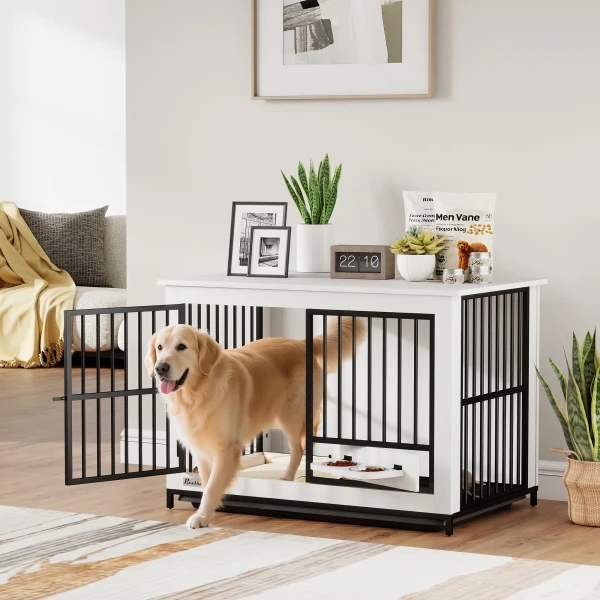 Grote hondenbox, eenvoudige toegang, afsluitbaar, draaibare komhouder, voor kleine en grote honden, wit 2