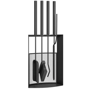 Haardgereedschap set 5 delig haardaccessoires met bezem, schep, pook tang standaard metaal, zwart 1
