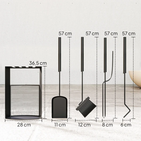 Haardgereedschap set 5 delig haardaccessoires met bezem, schep, pook tang standaard metaal, zwart 4