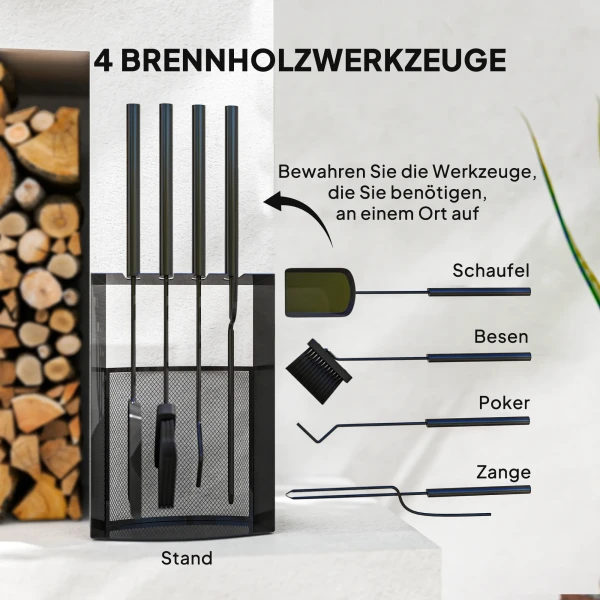 Haardgereedschap set 5 delig haardaccessoires met bezem, schep, pook tang standaard metaal, zwart 5