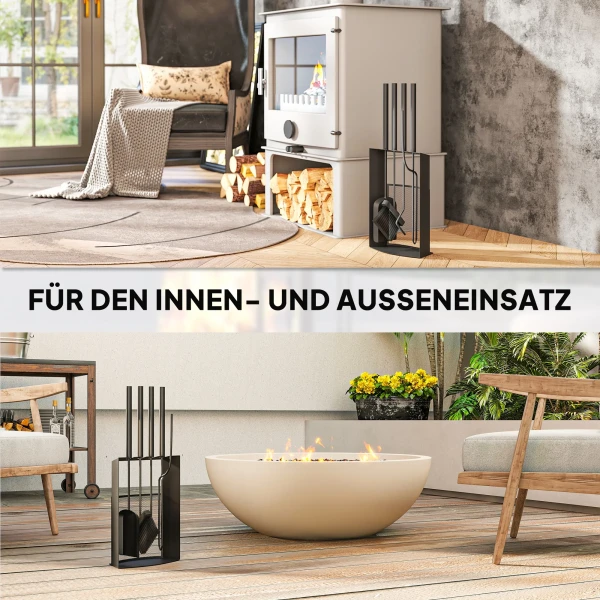 Haardgereedschap set 5 delig haardaccessoires met bezem, schep, pook tang standaard metaal, zwart 7