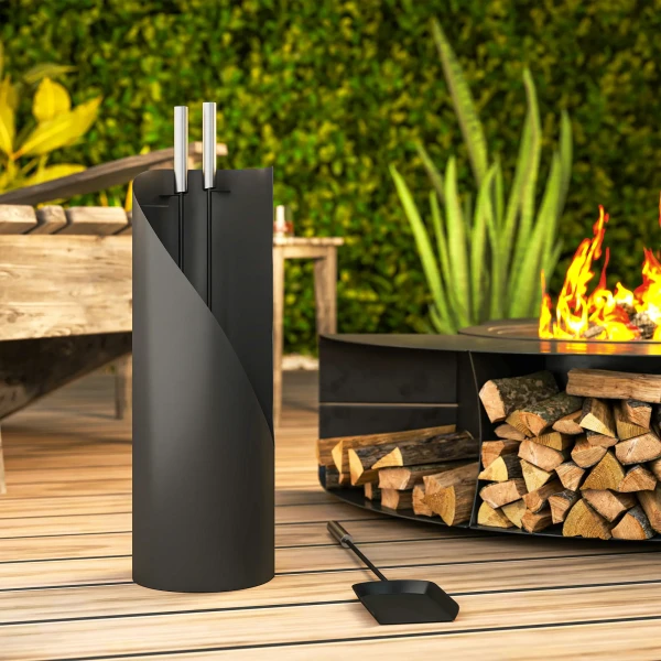 Haardgereedschapset 4 delig haardaccessoires met bezem, schep, pook en mand, haardset, metaal, zwart 9