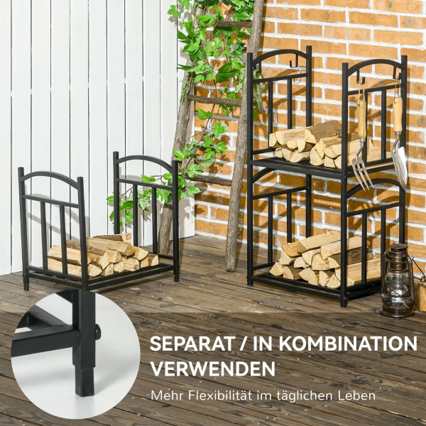 Haardhoutrek voor binnen 46 x 32 x 126 cm 3 niveaus brandhoutrek met 4 haken metaal zwart 5